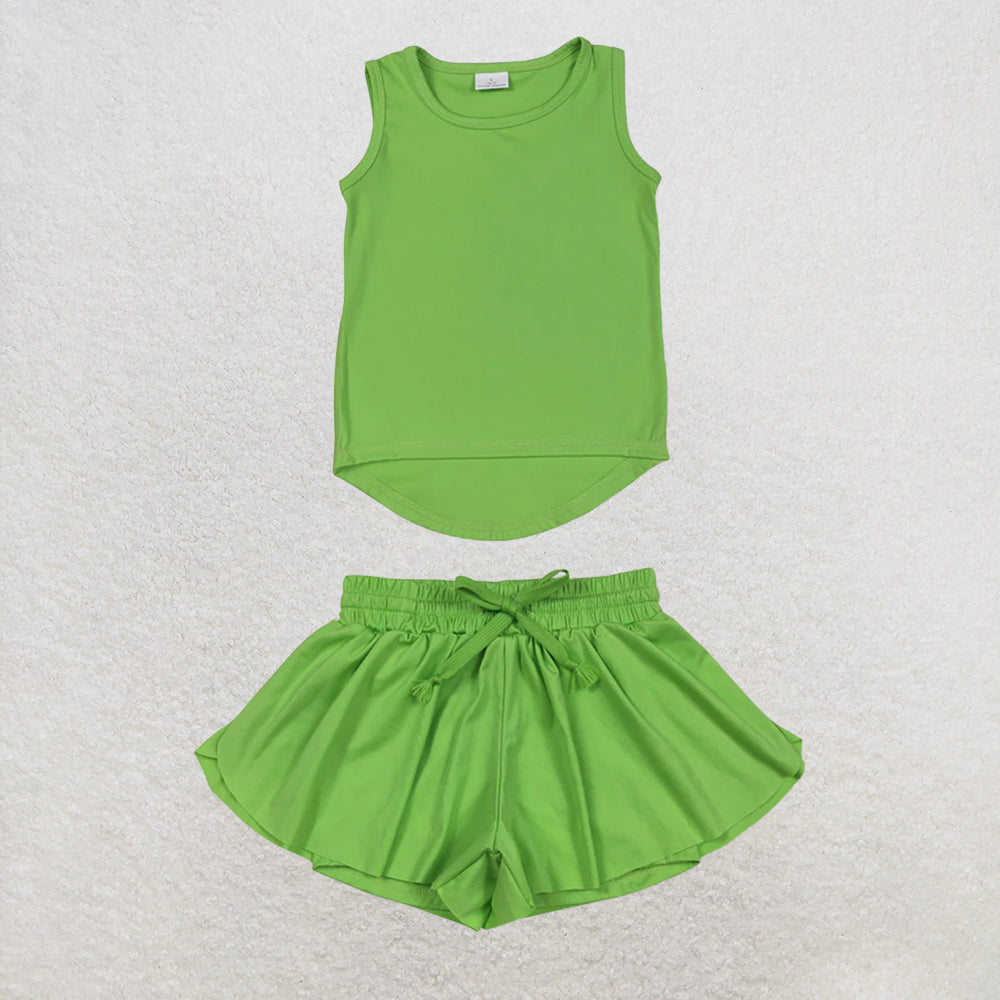 5.25 RTS NO MOQ （In stock）GT0985+SS0548 Green sleeveless kids girls activewear top with activewear summer yoga shorts