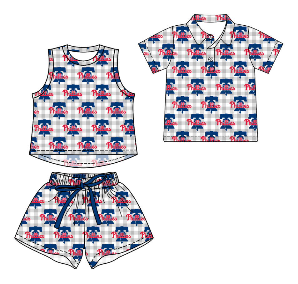 3.14 CUSTOM MOQ 5 Sibling Boys Baby Girls Summer Fashion Gray Check Blue T Sleeveless Top Shorts Button Polo Shirts Team Clothes Sets