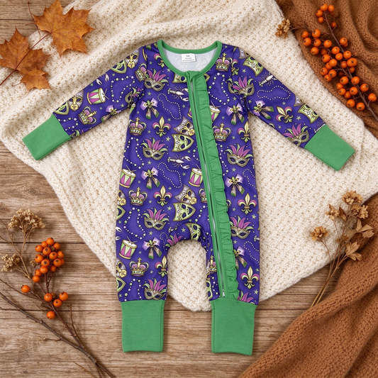RTS NO MOQ （In stock）milk silk LR3334 Baby Holiday Purple Two Way Ruffle Zip Convertible Rompers