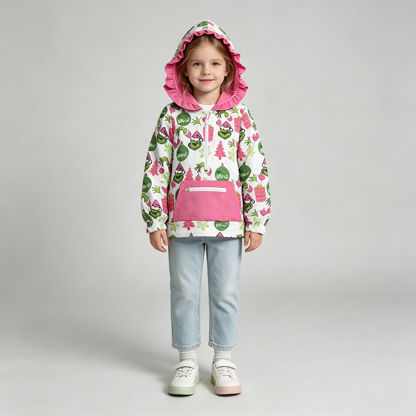 GT1164  RTS NO MOQ （In stock） milk silk Cute Clothes Baby Girls Gift Print Pocket Zipper Up Christmas Hoodie Top