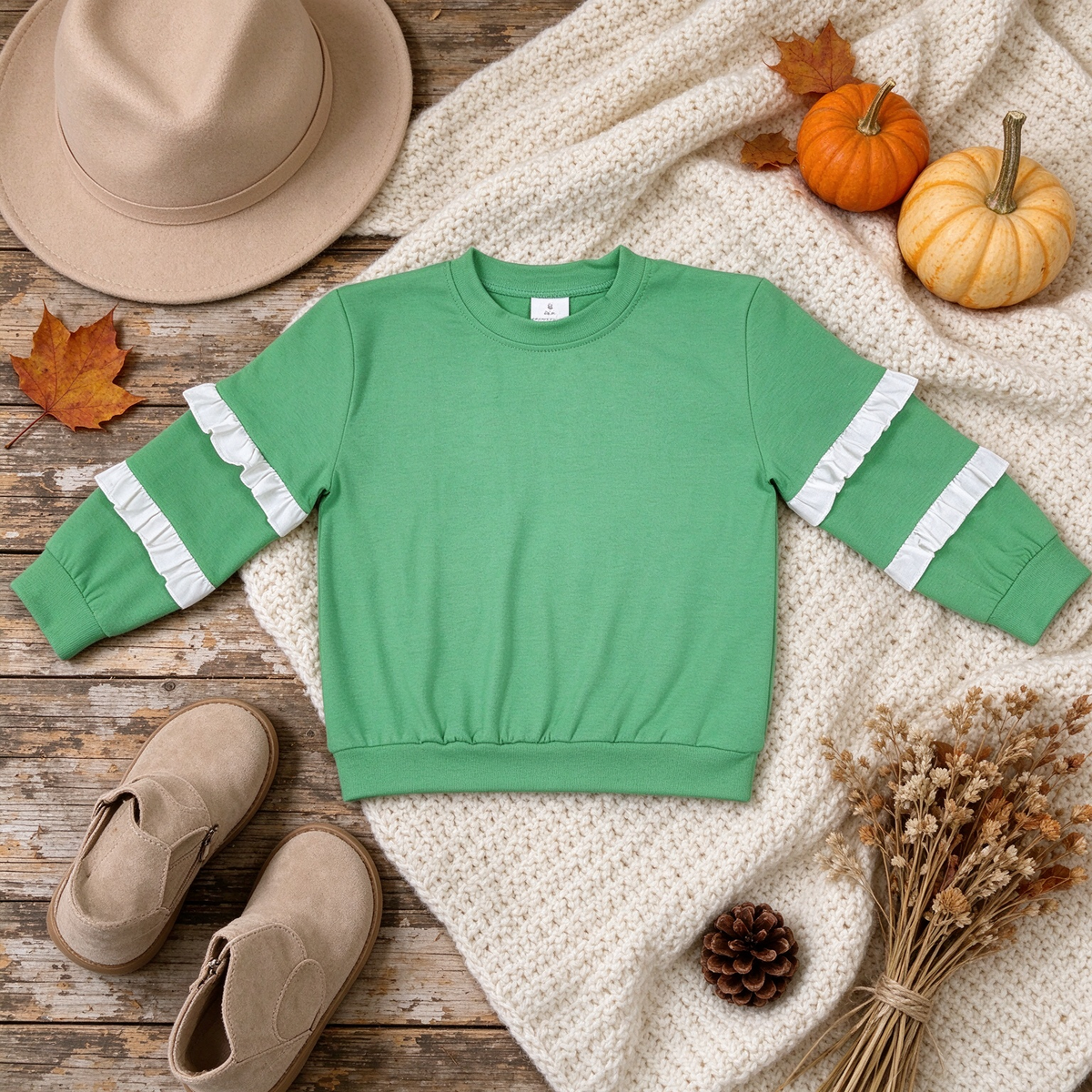 RTS NO MOQ （In stock）cotton GT1858 Baby Girls Green White Patchwork Long Sleeve T-shirts Top