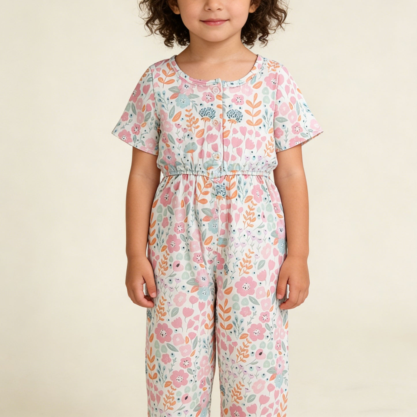 4.7 SR3987 RTS NO MOQ （In stock) Short sleeves pink floral pockets kids girls jumpsuit