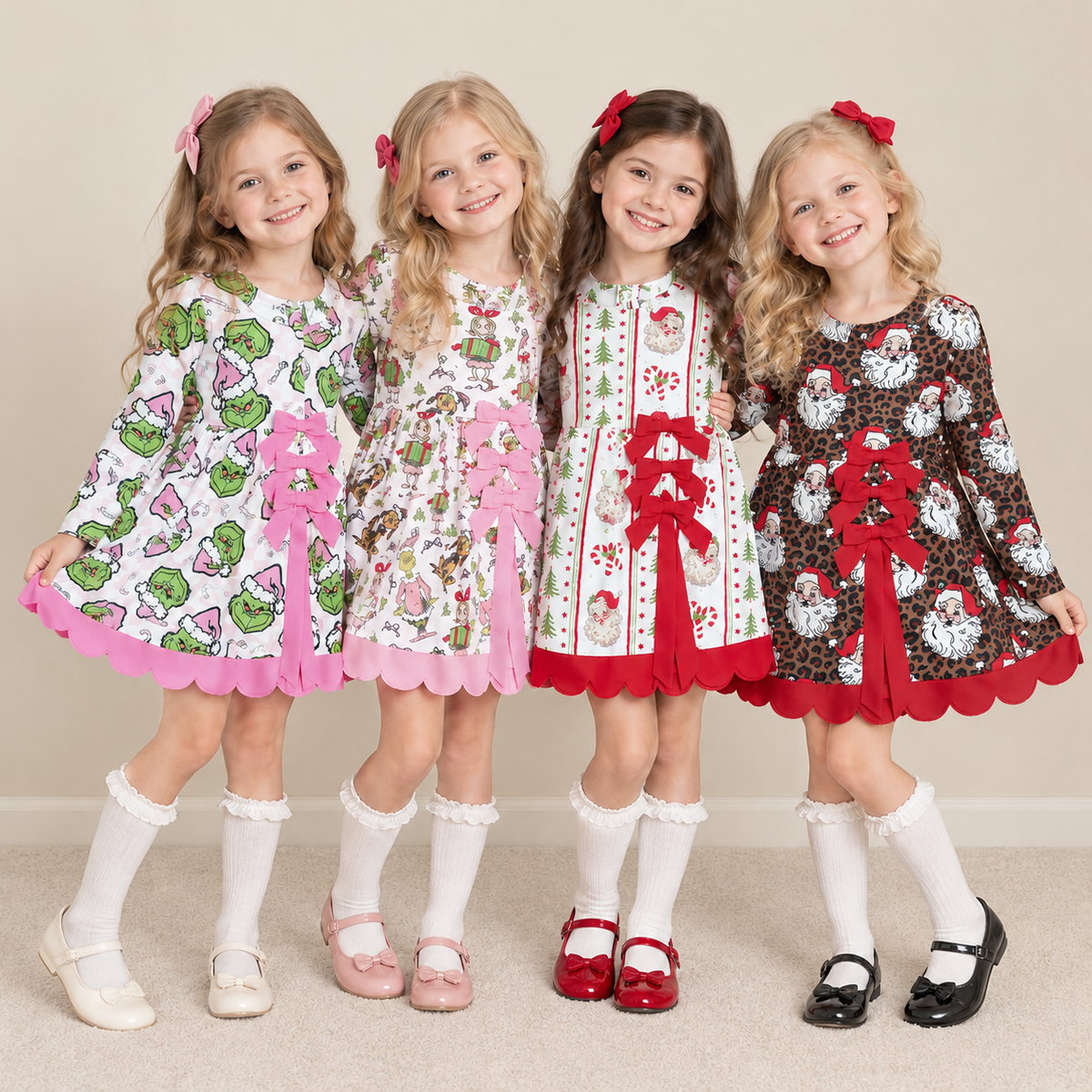 RTS NO MOQ Sibling yoga fabric Baby Girls Yoga Christmas Long Sleeve Scallop Dress With Back Bow