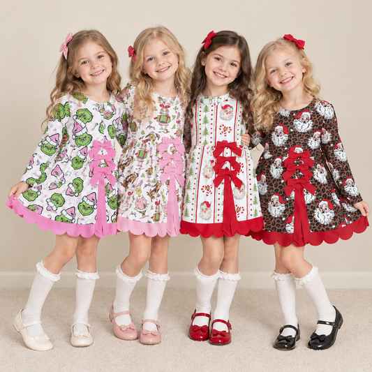 RTS NO MOQ Sibling yoga fabric Baby Girls Yoga Christmas Long Sleeve Scallop Dress With Back Bow
