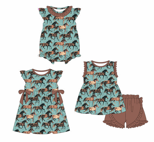 Girls Sleeveless Horse Tunic Brown Ruffle Shorts Outfit Children's Country Clothing Summer Lightweight Set for Girls