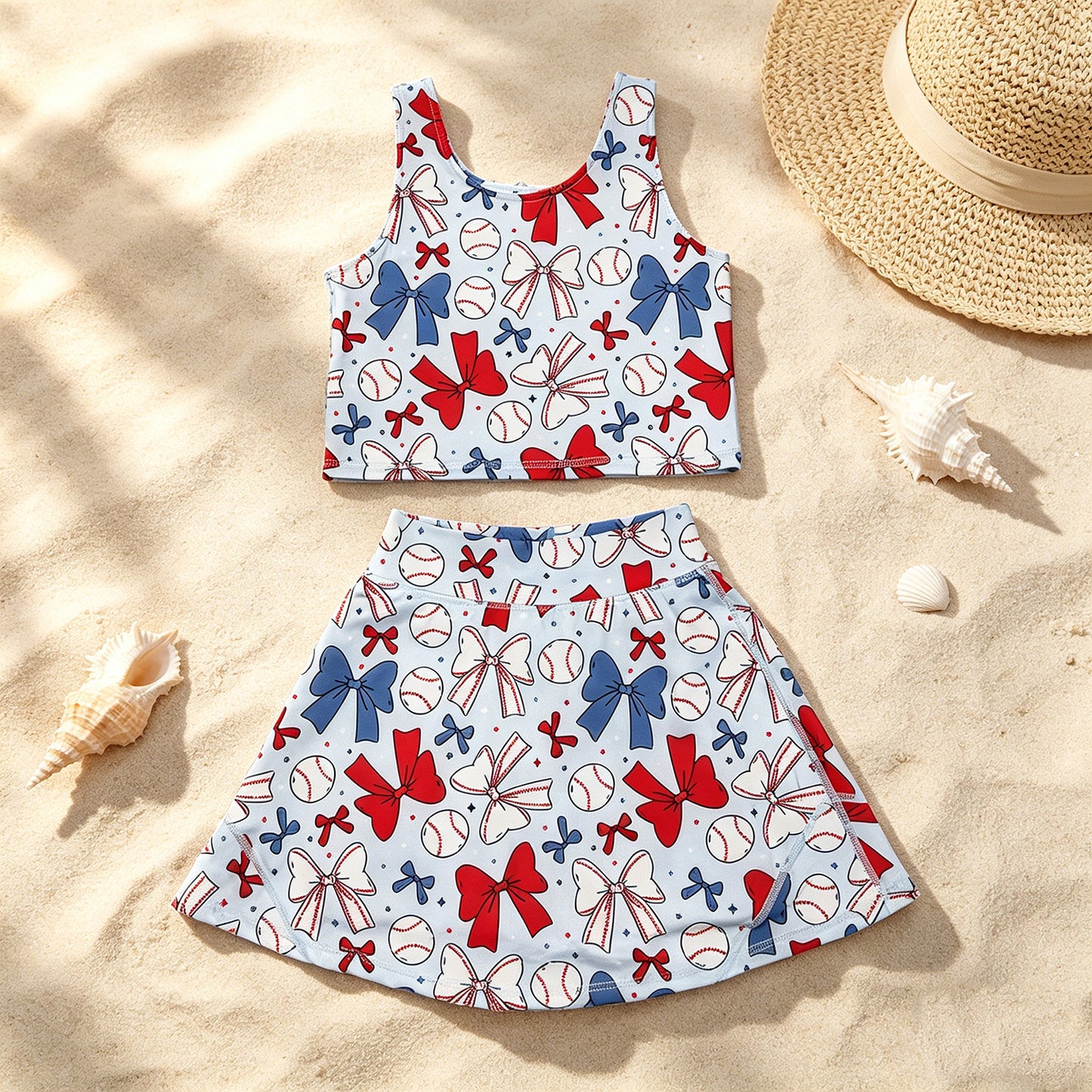 GSD2151 RTS NO MOQ （In stock ）Sleeveless baseball red blue bow kids girls active wear set