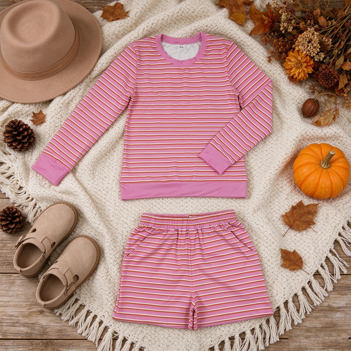 RTS NO MOQ （In stock） yoga fabric GLS0139 Adult Women Pink Stripe Shirt Top Short Yoga Active Clothes Set