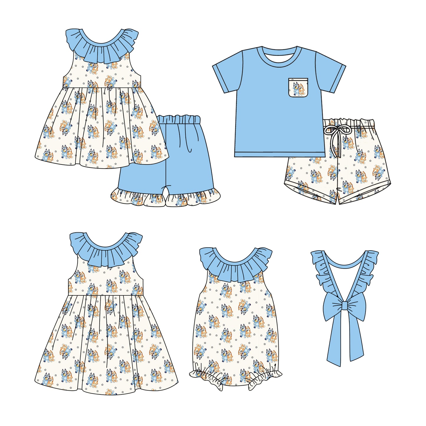 Light blue ruffle dog tunic shorts kids girls summer clothes
