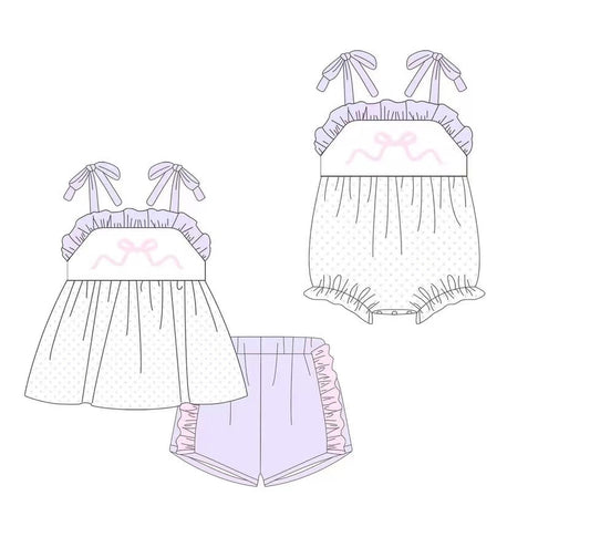 Girls Lavender Polka Dot Tunic Short Set with Straps Bow - Cute Floral Print Outfit for Little Girls
