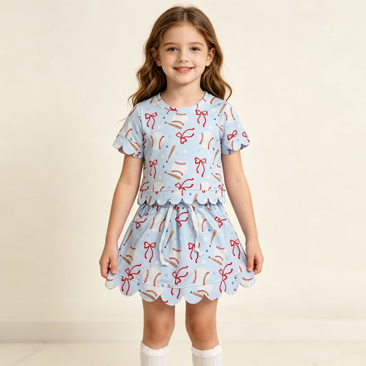 GSD3656 RTS NO MOQ （In stock ）Short sleeves baseball bow scallop top skirt girls active outfit