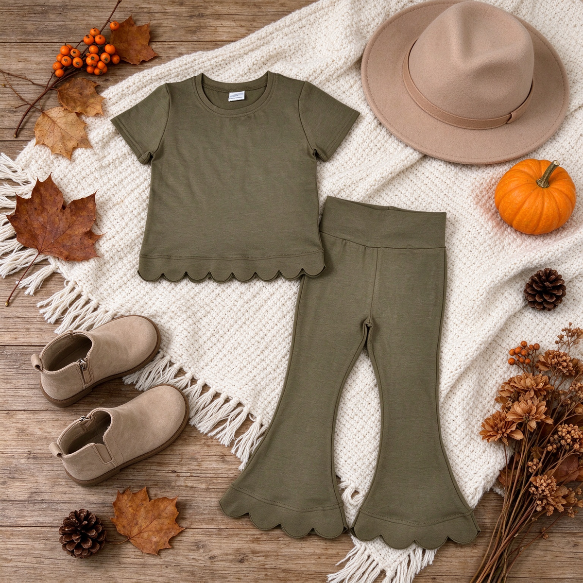 RTS NO MOQ （In stock）cotton GSPO2342（GT1772+P1080）Baby Girls Olive Short Sleeve Shirts Top Flare Pant Scallop Casual Set