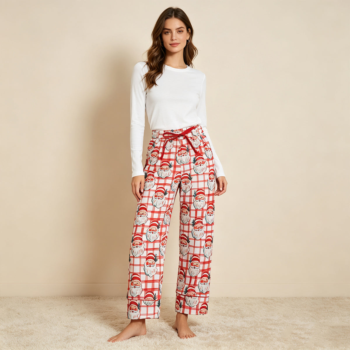 RTS NO MOQ milk silk P1096 Adult Women Red Checked Santa Christmas Pants Bottom