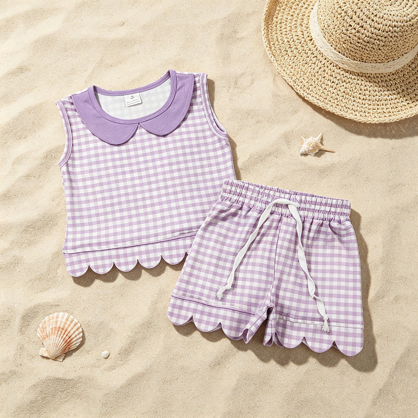 GSSO3396 RTS NO MOQ （In stock ）Sleeveless lavender plaid scallop top shorts girls outfits