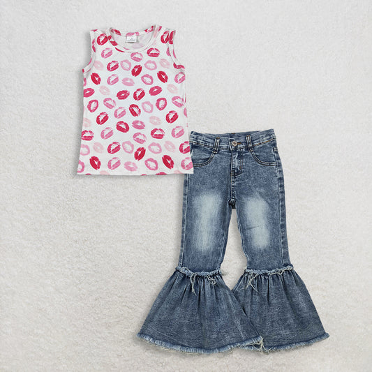 3.2 RTS NO MOQ （In stock）GT1419 + P0676 Baby Girls Summer Red Sleeveless Shirt Denim Jeans Pants Clothes Sets