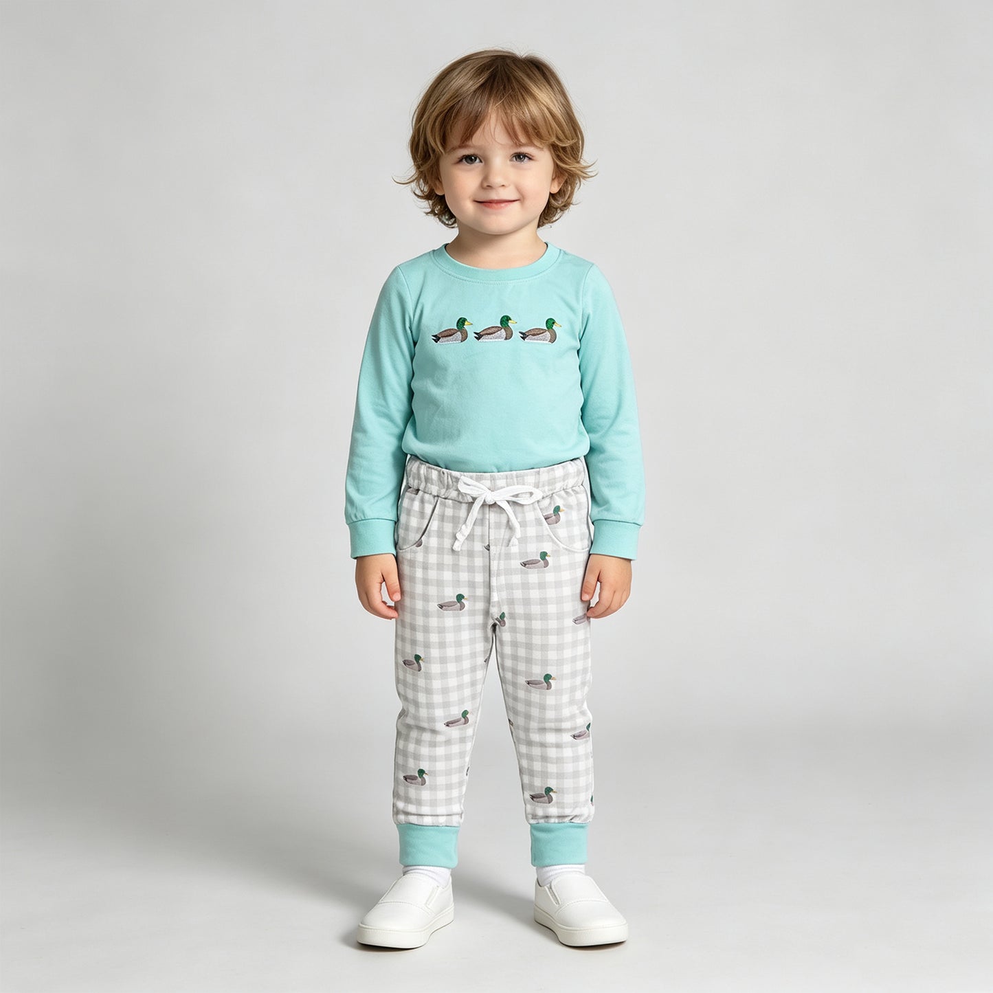 BLP1424 RTS NO MOQ （In stock）Embroidery Baby Boys Duck Pocket Plaid Top Jogger Hunting Pants Outfit