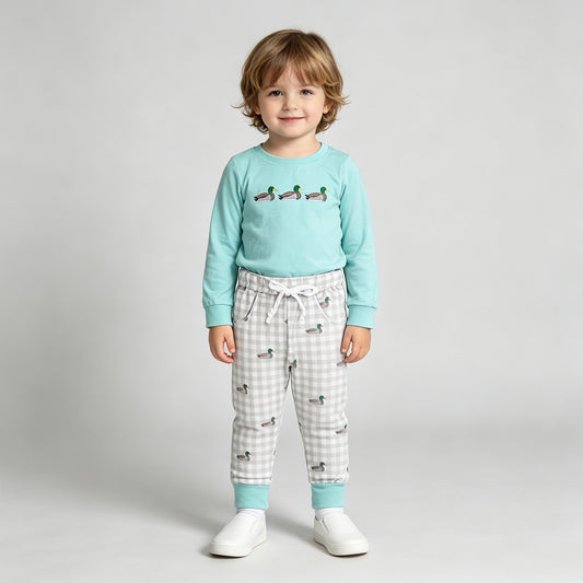 BLP1424 RTS NO MOQ （In stock）Embroidery Baby Boys Duck Pocket Plaid Top Jogger Hunting Pants Outfit