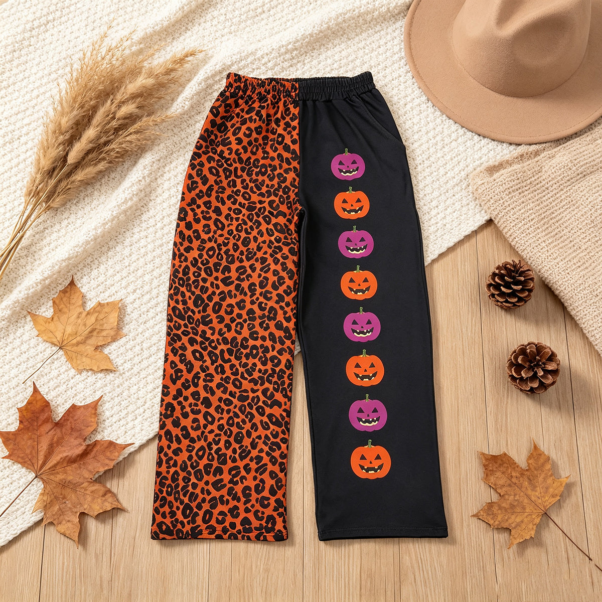 RTS NO MOQ （In stock）milk silk P1132 Adult Women Ghost Pumpkins Leopard Halloween Pockets Flare Pants Bottom