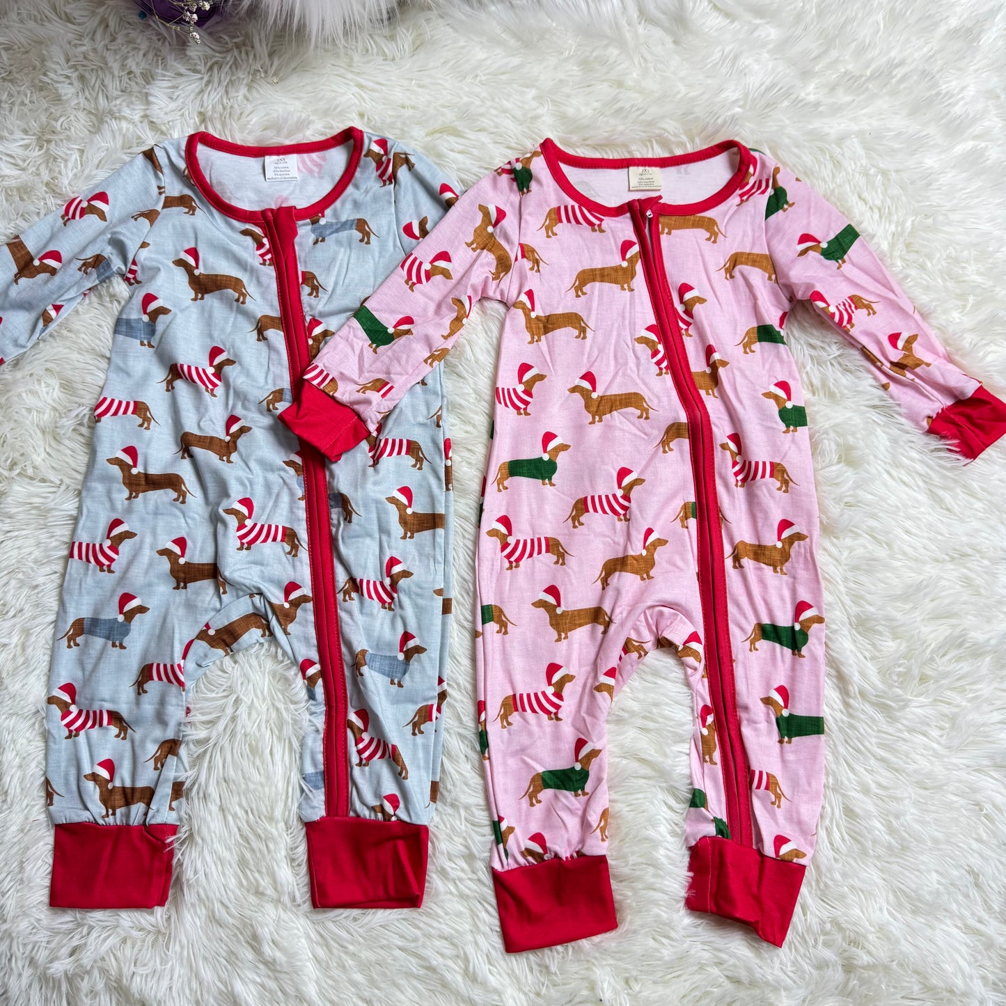12.4 RST Sibling Baby Infant Boys Christmas Dachshund Dogs Milk Cartoon Zip Rompers