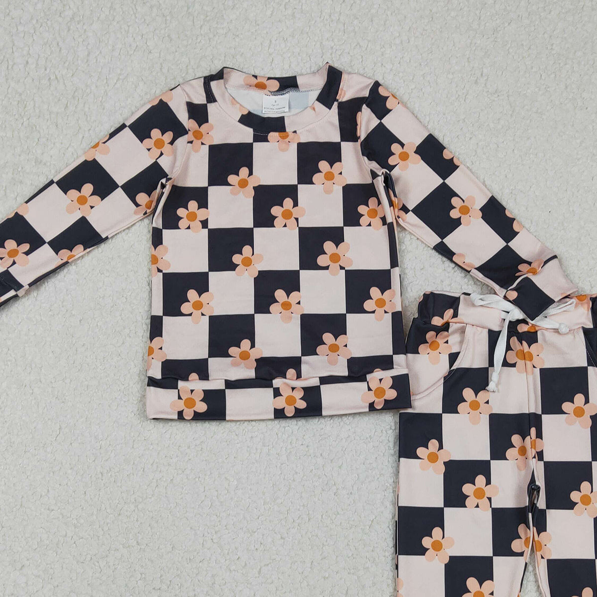 10.28 RTS NO MOQ （In stock）GLP2803 Baby Girls Pink Black Checked Flowers Top Pockets Jogger Pants Clothes Set