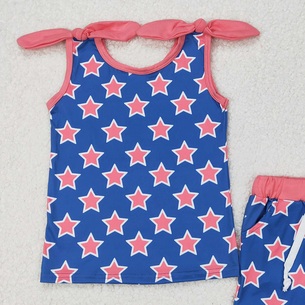 GSSO2151 RTS NO MOQ Sleeveless stars top shorts kids girls clothing set