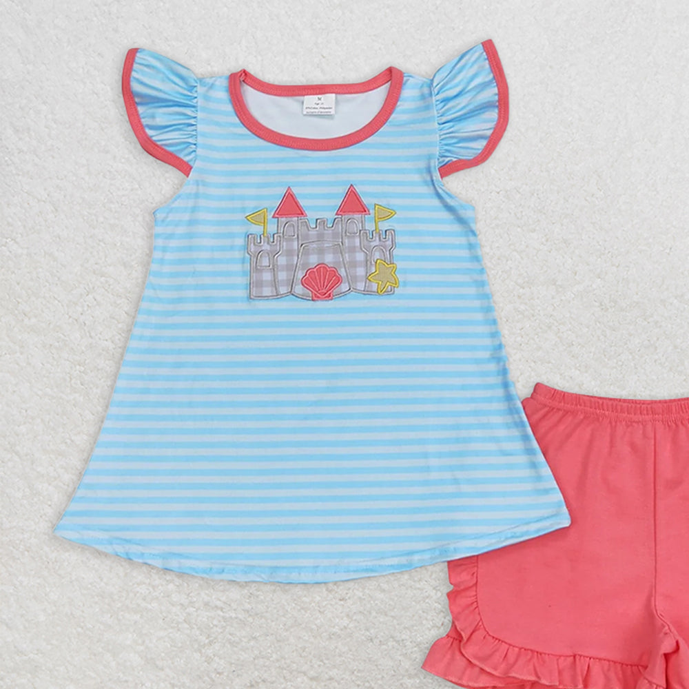 GSSO0875 RTS NO MOQ Baby Girls Summer Outfits Embroidered shell star castle stripe flying sleeve rose red shorts suit