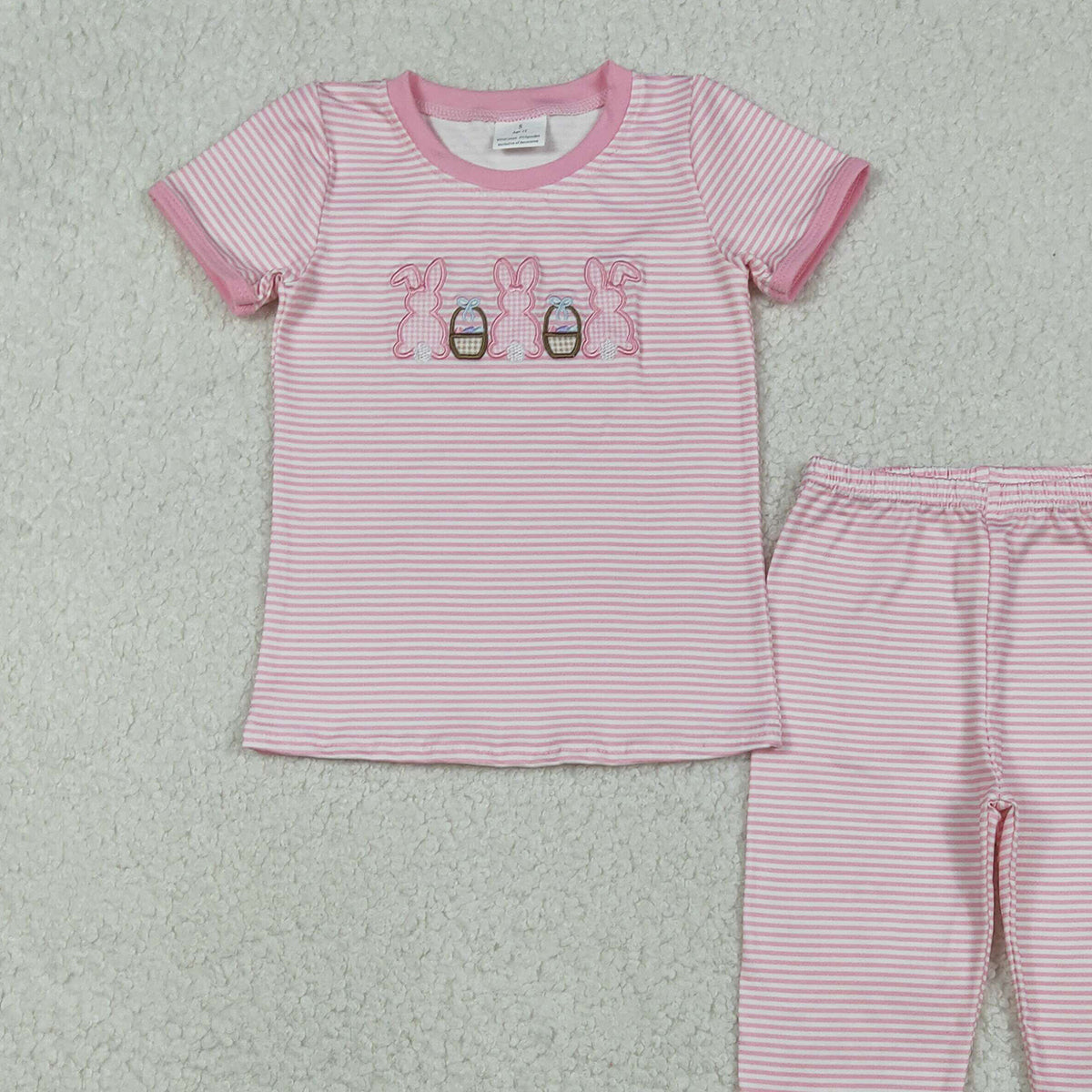 12.8 RTS NO MOQ （In stock）GSPO2117 Embroidery Rabbits Eggs Baby Girls Pink Stripe Top Pants Easter Pajamas Sets