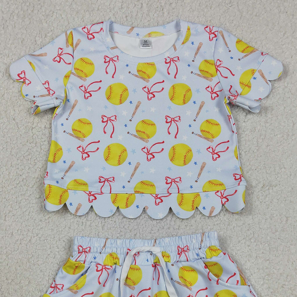 GSD3655 RTS NO MOQ （In stock ）Short sleeves softball bow scallop top skirt girls active outfit