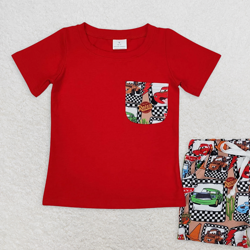 BSSO1256RTS NO MOQ Baby Boys Summer Boys Outfits Red Short Sleeve Pocket Top with Car Print Boys Shorts Outfit Set Casual Kids Clothing