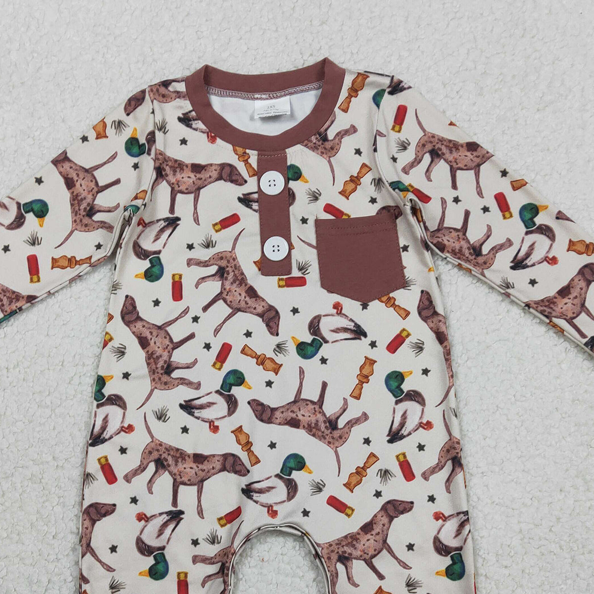 1.27 RTS NO MOQ （In stock）LR2576 Baby Boys Long Sleeve Ducks Dogs Button Pocket Hunting Rompers