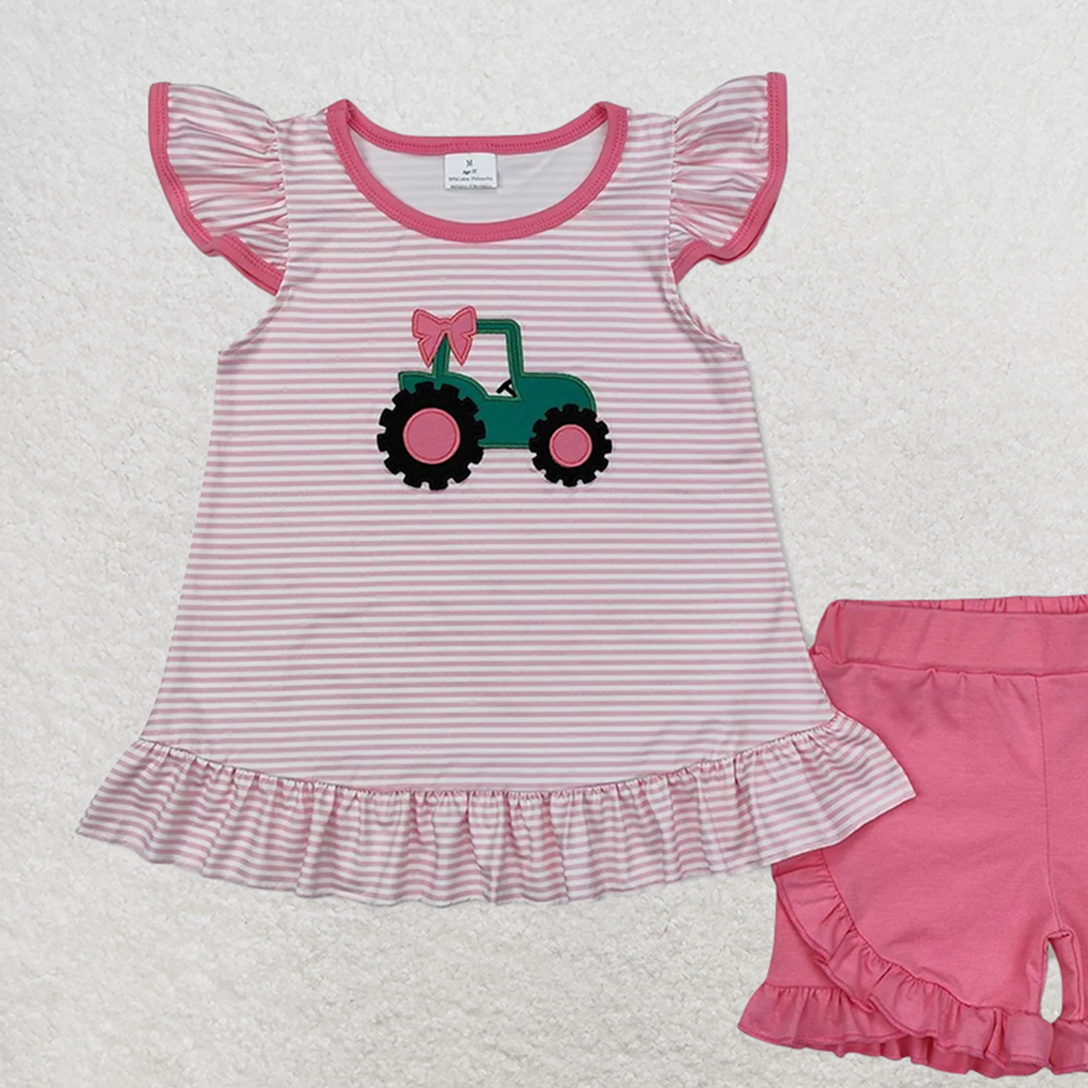 GSSO1757RTS NO MOQ Baby Girls Summer Outfits Pink stripe flutter sleeves tractor kids girls farm outfits