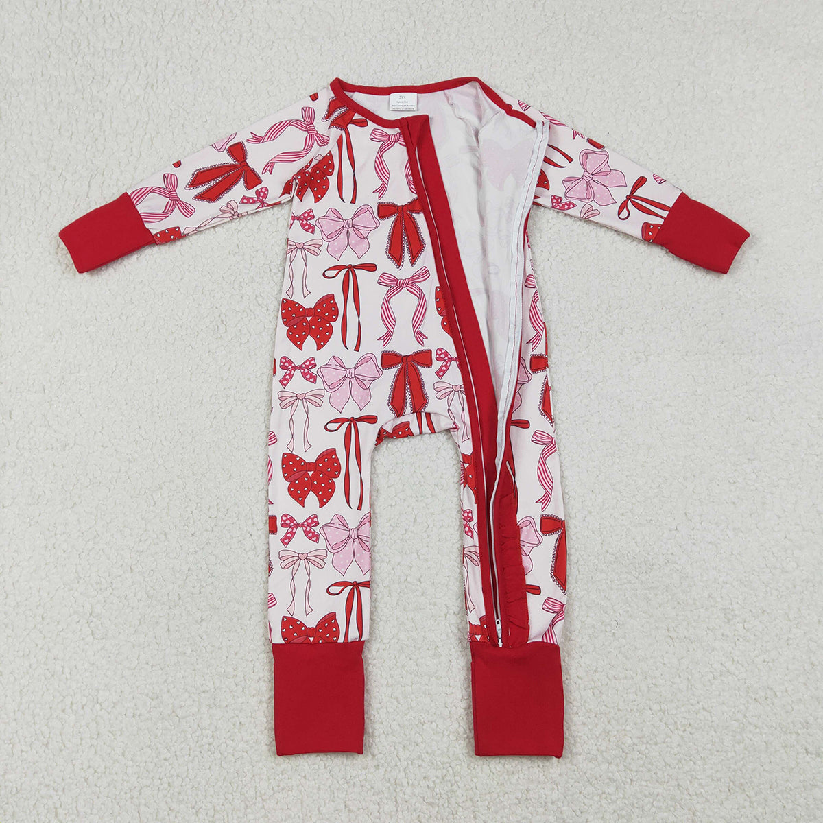 12.23 RTS NO MOQ （In stock）LR2780 Baby Girls Winter Rompers Baby Girls Red Bows Plaid Valentines Two Way Ruffle Zip Convertible Rompers