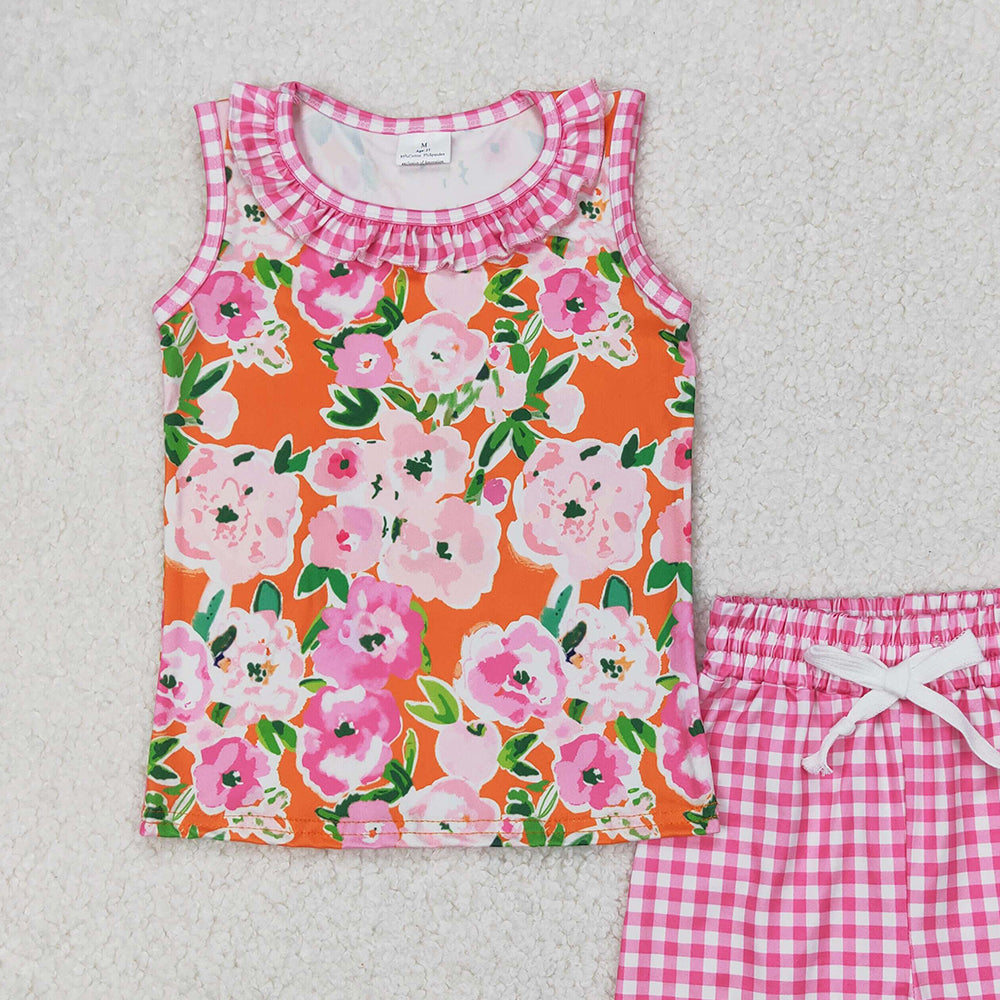 4.08 GSSO2413 RTS NO MOQ Baby Girls Summer Outfits Floral Top Gingham Play Shorts Set