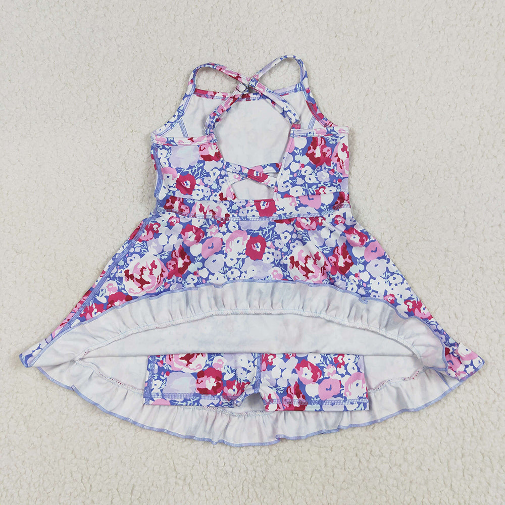 8.12   GSD2285 RTS NO MOQ Baby Girls Summer Yoga Dress Baby Girls Lavender Strap Colorful Floral Yoga Ruffle Knee Length Dresses