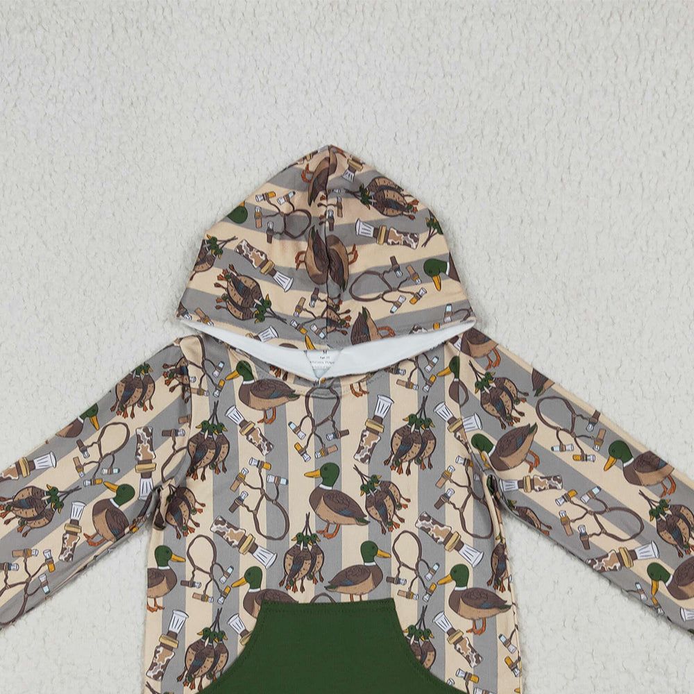 RTS NO MOQ （In stock）BT1267 Baby Boys Long Sleeve Tops Baby Boys Long Sleeves Ducks Stripe Pocket Hoodies Tops