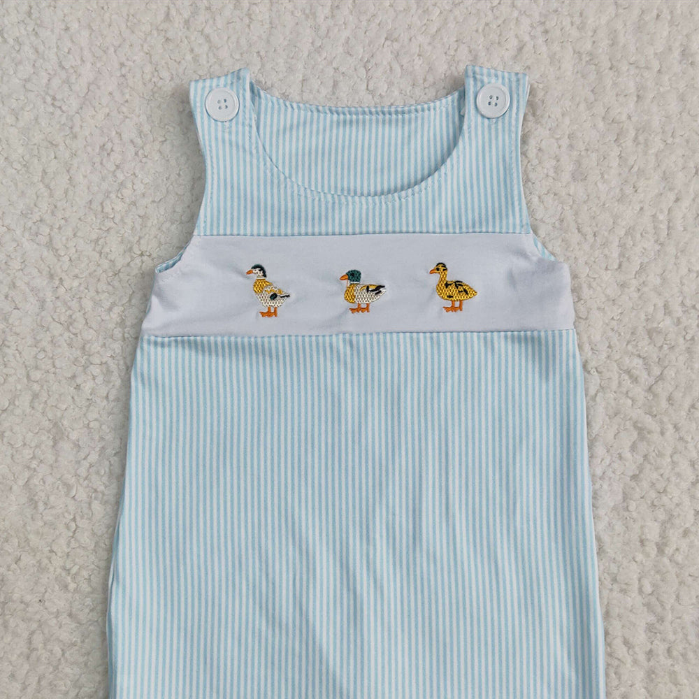 4.26 SR2991 RTS NO MOQ Baby Boys Summer Rompers Embroidery Baby Infant Boys Blue Stripe Sleeveless Ducks Button Rompers