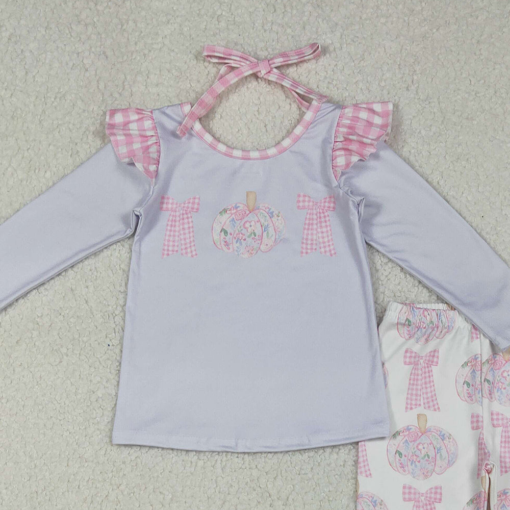 10.10 RTS NO MOQ （In stock）GLP2532 Baby Girls Winter Outfits Baby Girls Long Sleeves Bows Pumpkins Top Bell Bottom Pants Fall Clothes Sets