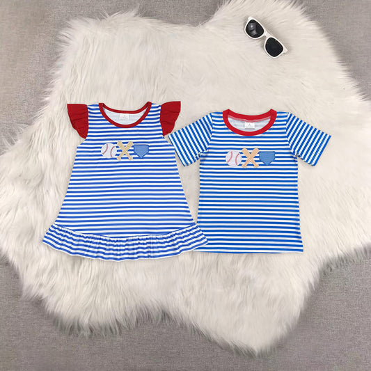 8.16 RTS Sibling Flutter sleeves stripe baseball baby girls top