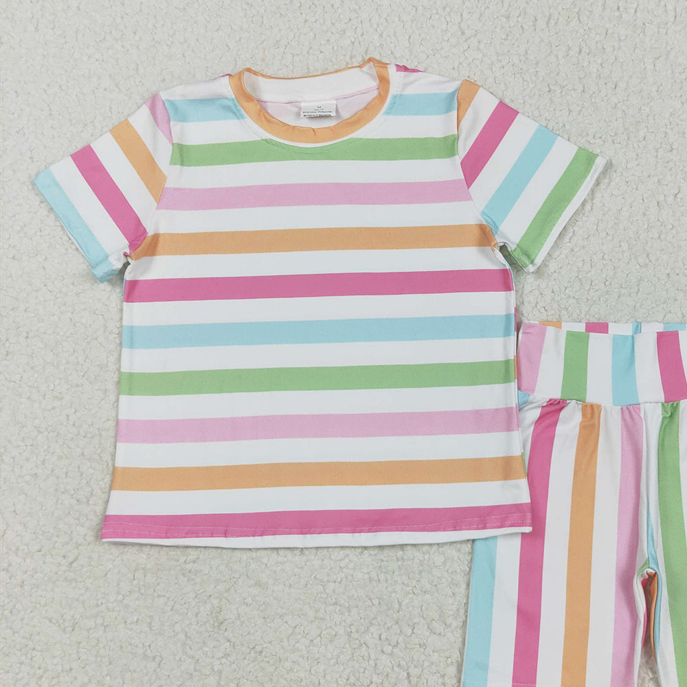 4.23 GSSO2468  RTS NO MOQ Baby Girls Summer Outfits  Short sleeves colorful stripe top shorts girls summer clothes