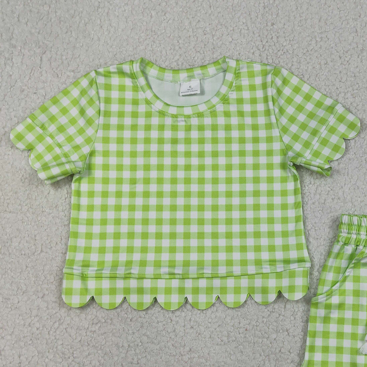 3.27 GSSO3189 RTS NO MOQ （In stock ）Lime green plaid scallop top shorts girls summer outfit