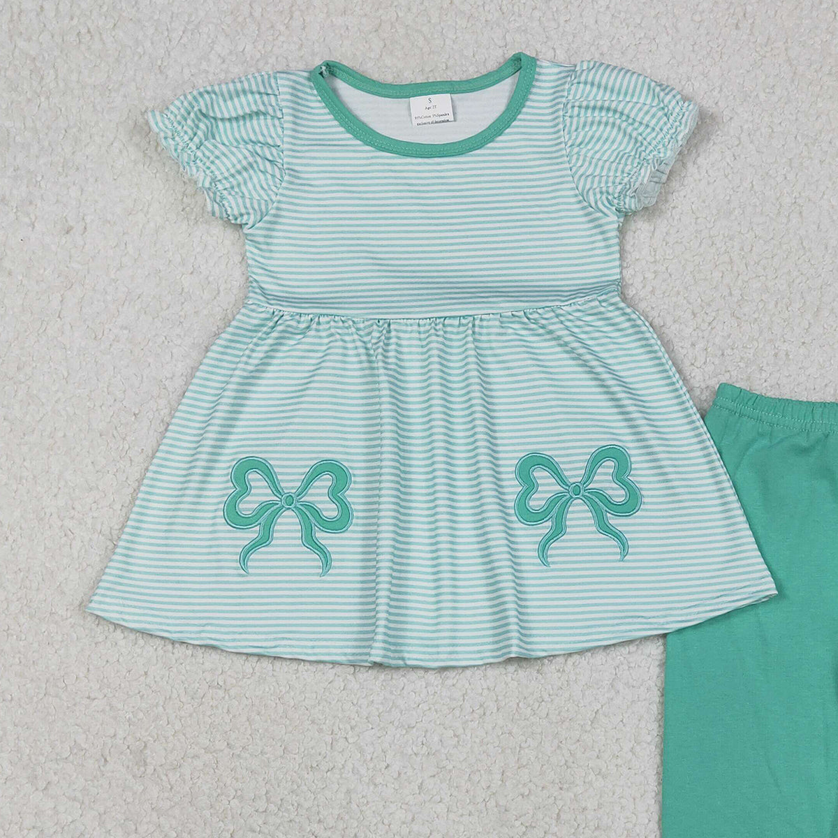 12.4 RTS NO MOQ （In stock）GSPO2151 Embroidery Bows Baby Girls Aqua Stripe Tunic Leggings Pant Clothes Sets