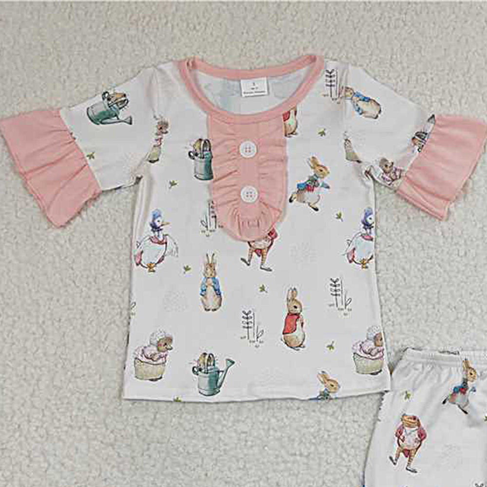 GSSO0155Girls Pink Ruffles Short Sleeves Rabbit Shirt Pajamas Set Easter Theme Sleepwear Comfortable Soft Material for Kids