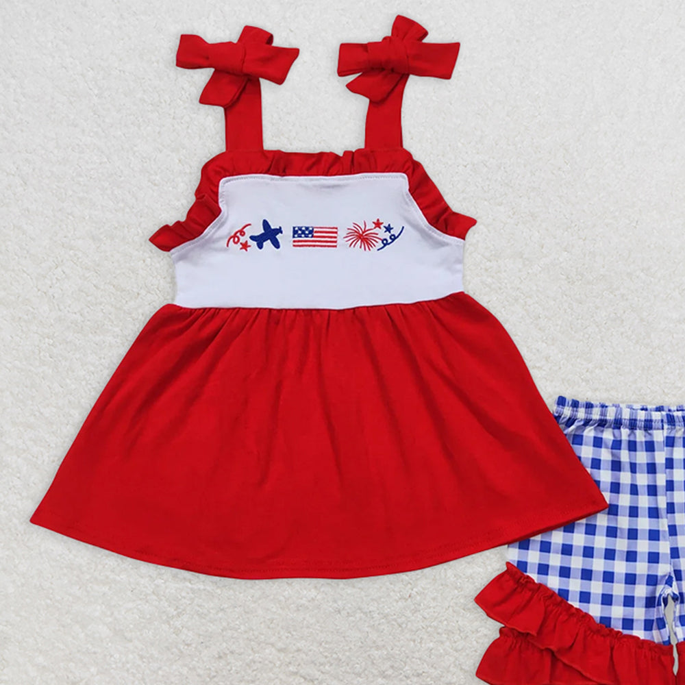 GSSO0611 RTS NO MOQ Children Clothes Summer Girls Outfits Embroidered airplane flag fireworks red lace suspenders blue and white plaid shorts set