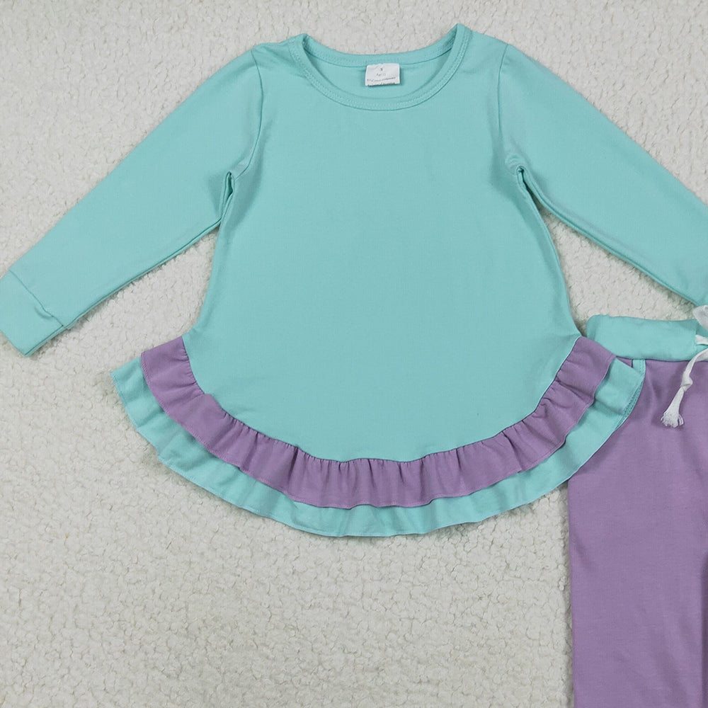 RTS NO MOQ （In stock）GLP2402 Baby Girls Winter Outfits Baby Girls Aqua Long Sleeves Ruffle Top Lavender Pockets Legging Pants Sets