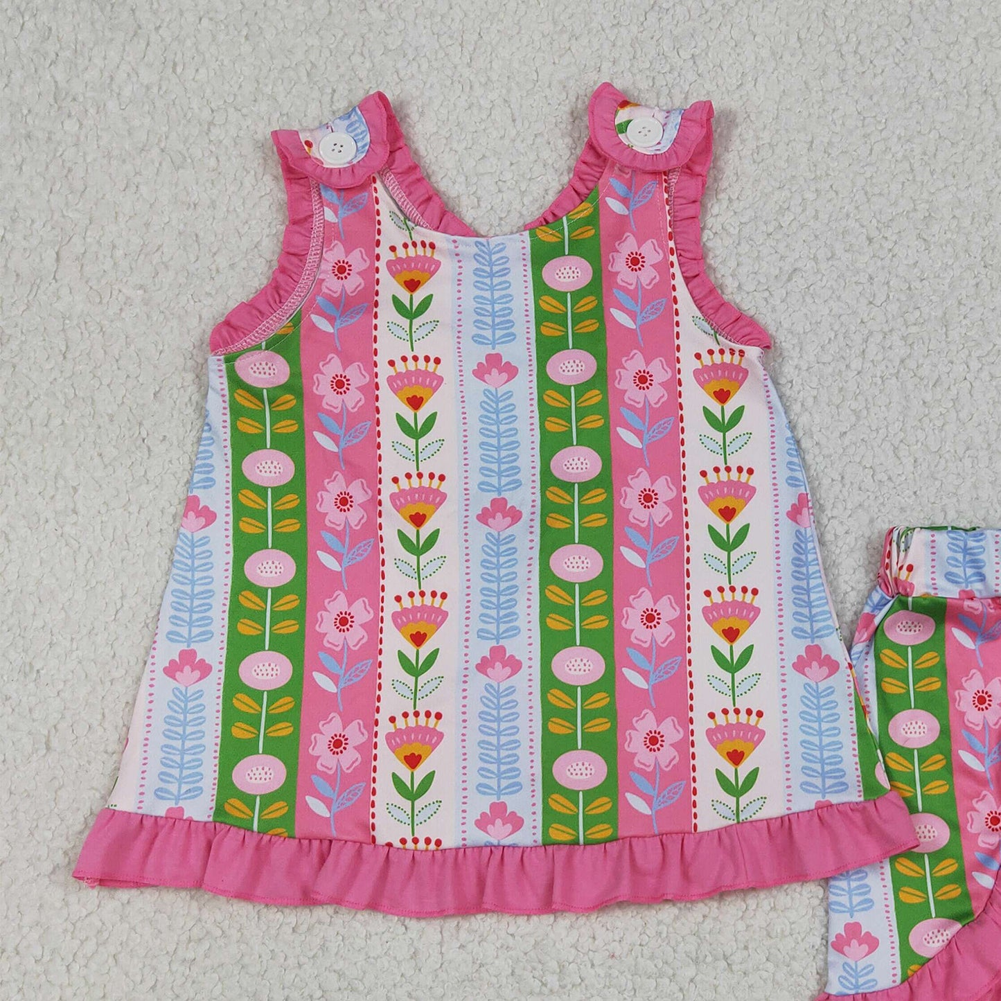 GSSO3676 RTS NO MOQ （In stock）Baby Girls Sleeveless Colorful Flowers Stripe Tunic Ruffle Short Clothes Set
