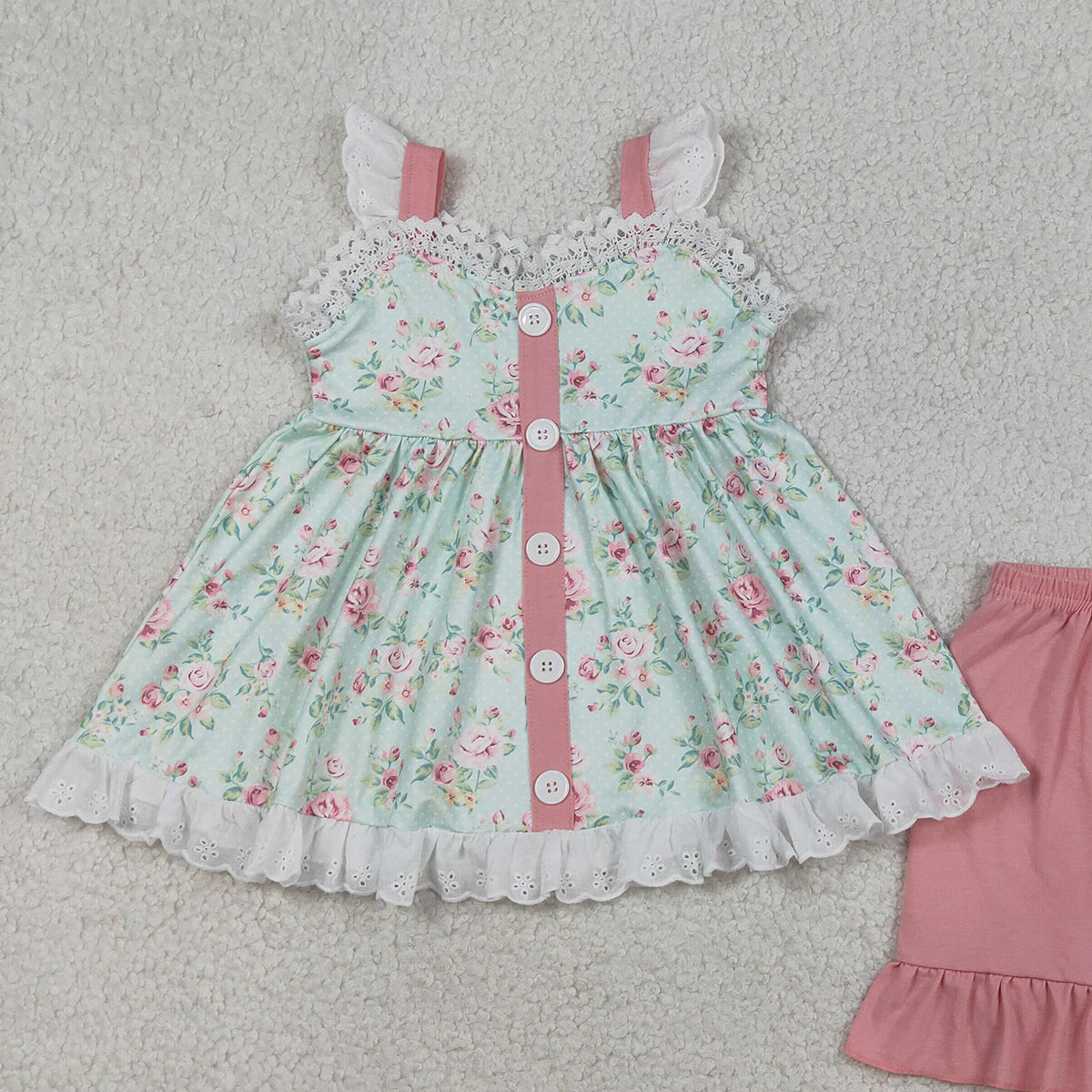 3.26 RTS NO MOQ （In stock）GSSO3036 Kids Clothing for Baby Girls Short Sleeve Colorful Flowers Button Tunic Ruffle Shorts Clothes Sets