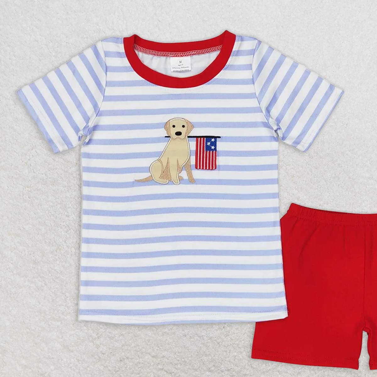 BSSO0619 RTS NO MOQ Baby Boys Summer Boys Outfits Embroidery Baby Boys 4th Of July Dog Flag Shirt Red Shorts Clothes Sets
