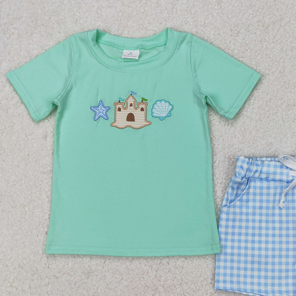 BSSO1266 RTS NO MOQ Starfish shell castle top plaid shorts boys kids clothes