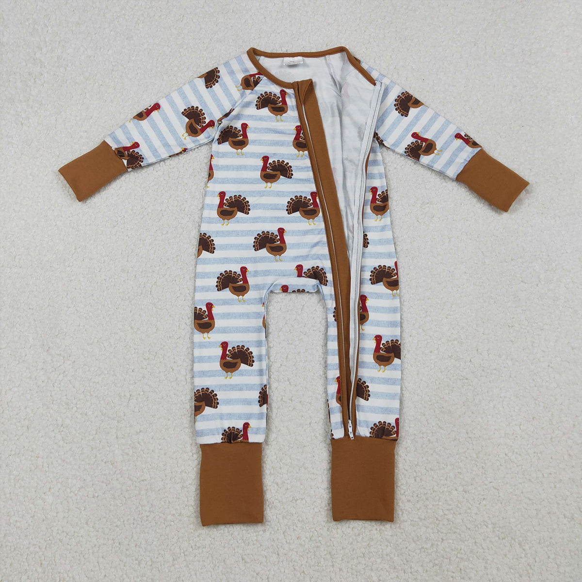 10.15 RTS NO MOQ （In stock）LR1191 Baby Boys Winter Rompers Baby Infant Boys Thanksgiving Turkey Stripe Zipper Footie Rompers