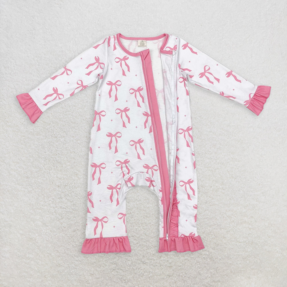 USA Shop (in stock)LR1584 Baby Girls Winter Outfits  Baby Infant Girls Pink Bows Ruffle Bamboo Zip Rompers