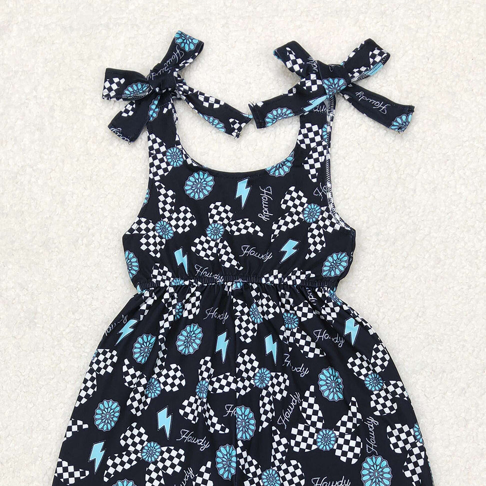 6.07  SR2466 RTS NO MOQ Baby Girls Summer Jumpsuits  Air Arrived it Straps turquoise bow howdy western girls jumpsuit